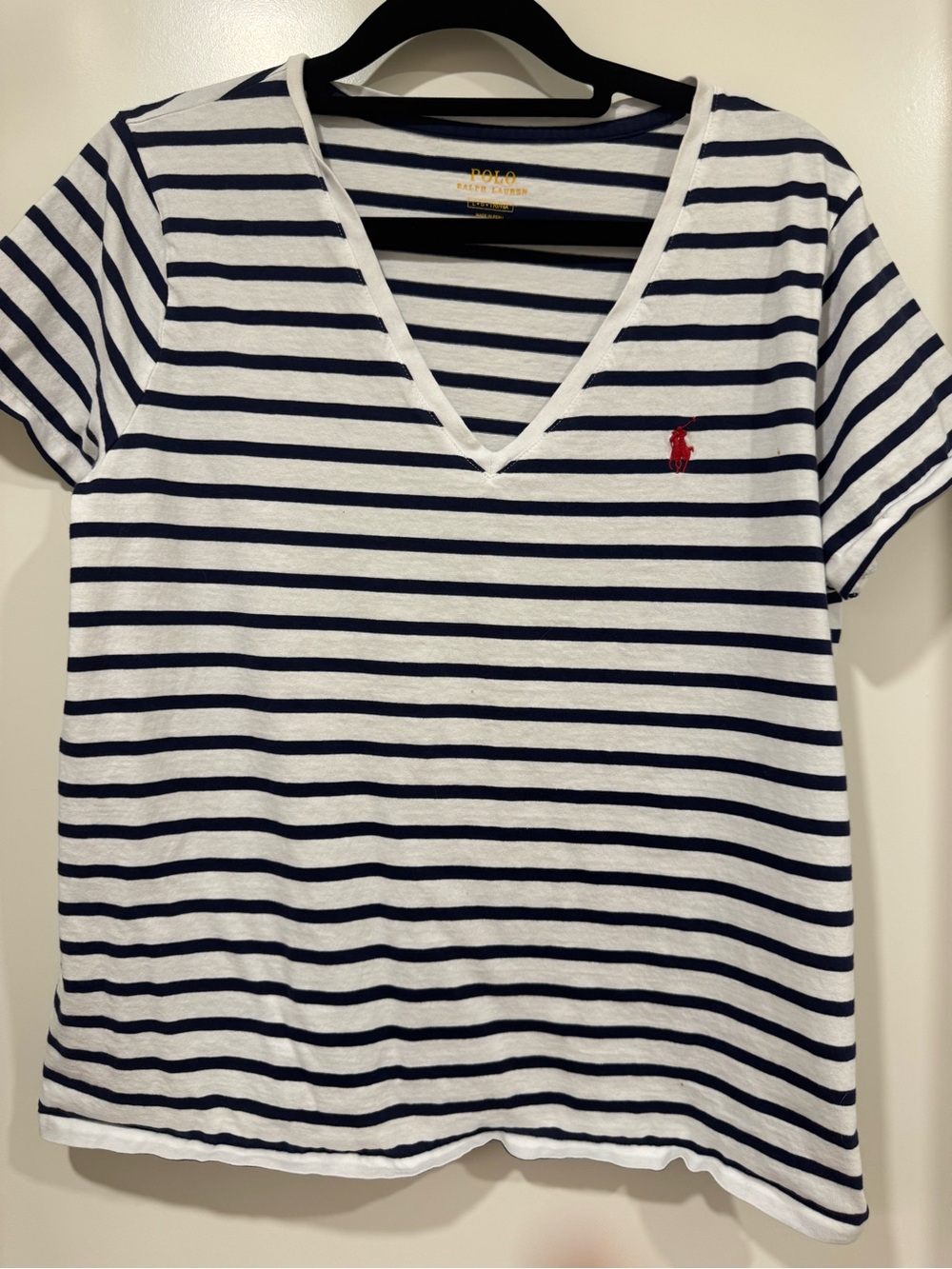 Ralph Lauren Navy and White Striped Tee with Red Pony